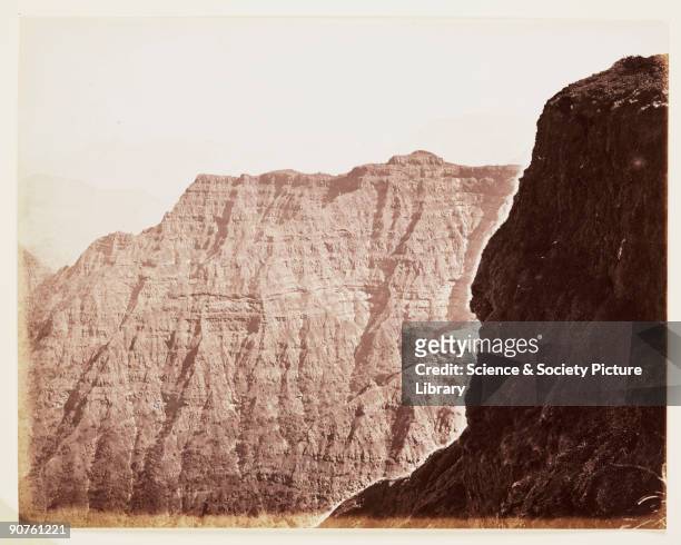 Photograph of the cliffs at Mahabaleshwar, India, taken by Samuel Bourne. Mahabaleshwar is the highest hill station in the Western Ghats. It is a...