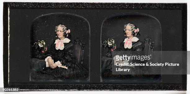 Hand-coloured stereoscopic portrait of a woman by John Jabez Edwin Mayall . Although born in England, Mayall began his photographic career in...