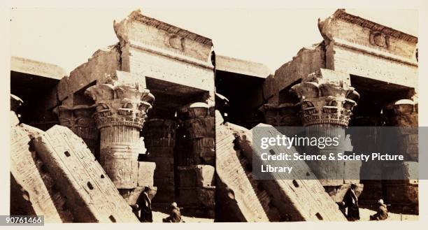 Stereoscopic photograph of columns at the entrance to the Temple of Kom Ombo, Egypt, taken in 1859 by Francis Frith . This image is from a series of...