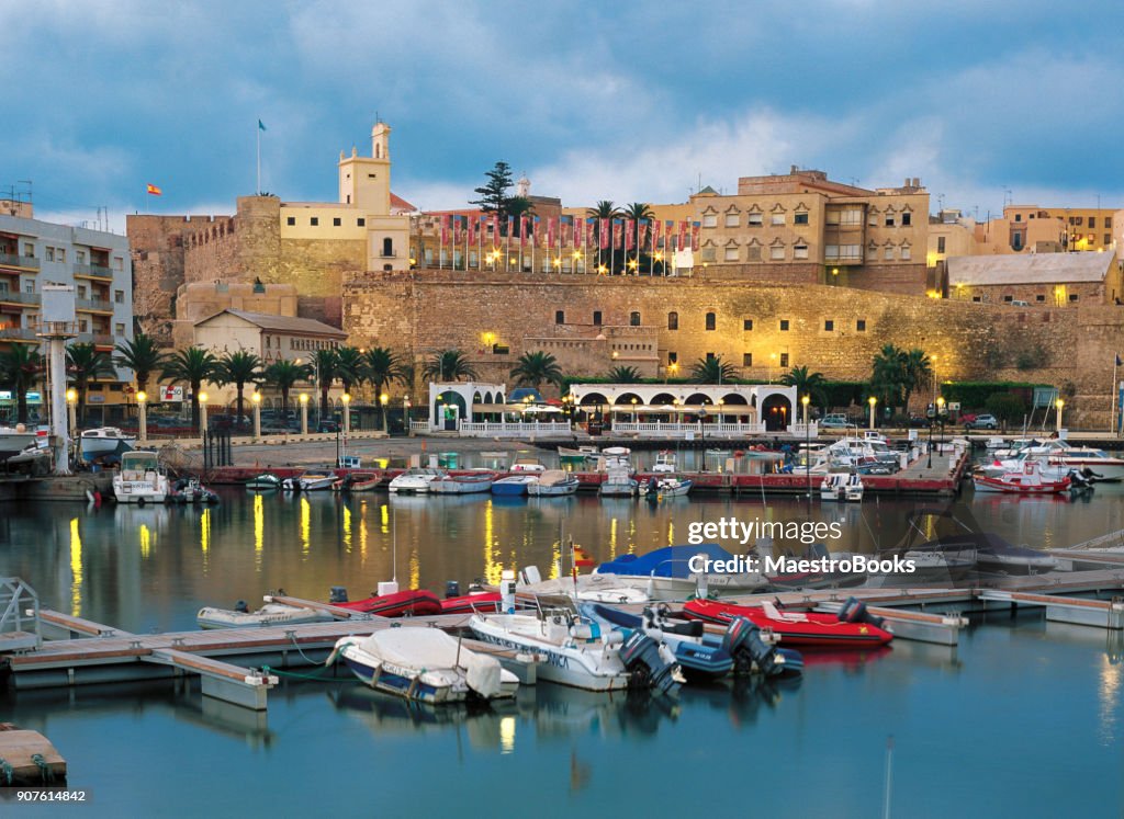 Marine Harbor of Melilla with view of the Old city Fortress.