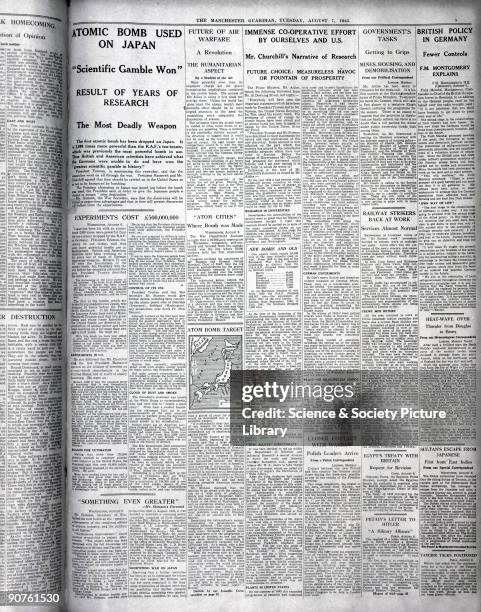 Page from The Guardian announcing the dropping of atomic bombs on Japan.