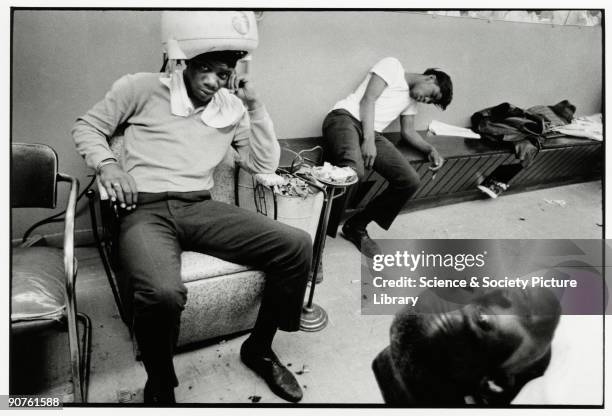 Photo by Tony Ray-Jones of a New Haven barbershop, circa 1963.