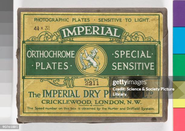 Cover of a packet of 4 1/4 x 3 1/4 inch orthochrome plates made by the Imperial Dry Plate Company Ltd of Cricklewood, London. The speed number was...