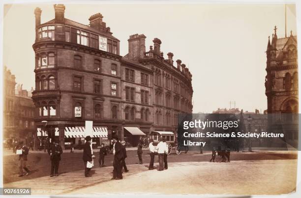 Photograph of Market Street, Bradford, published by Frith and Co, taken in about 1895. A view of Market Street with pedestrians in the square in...
