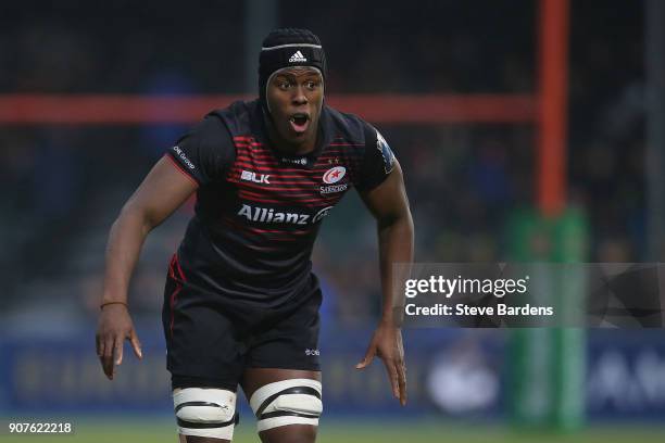 Maro Itoje of Saracens looks on during the European Rugby Champions Cup match between Saracens and Northampton Saints at Allianz Park on January 20,...