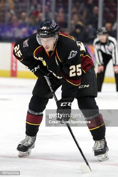 Cleveland Monsters center Alex Broadhurst prepares for a faceoff during the second period of the American Hockey League game between the Rockford...