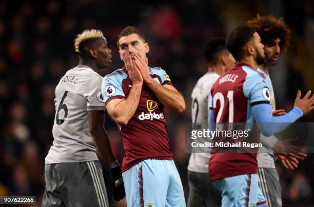Sam Vokes of Burnley reacts during the Premier League match between Burnley and Manchester United at Turf Moor on January 20, 2018 in Burnley,...