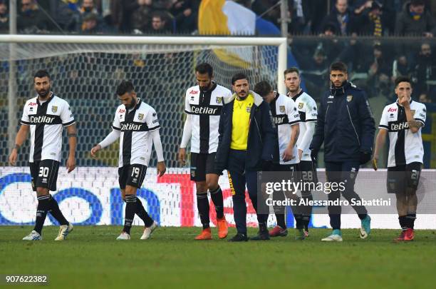 Parma FC player reacts after the serie B match between US Cremonese and Parma FC at Stadio Giovanni Zini on January 20, 2018 in Cremona, Italy.