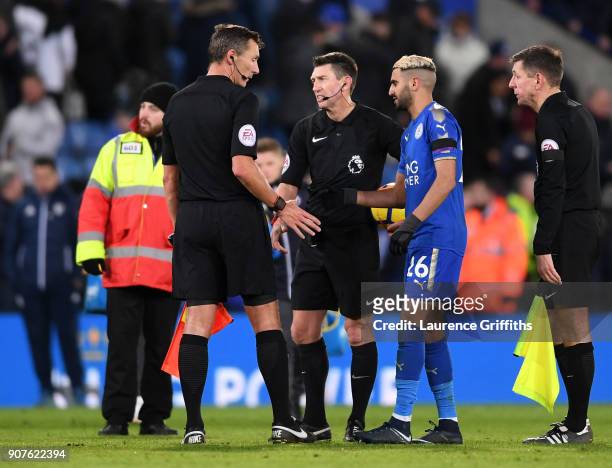Riyad Mahrez of Leicester City shakes hands with referee Lee Probert after the Premier League match between Leicester City and Watford at The King...