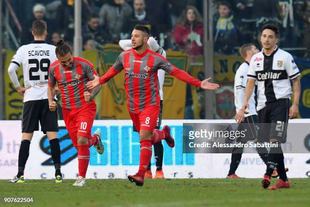 Michele Cavion of US Cremonese celebrates after scoring the opening goal during the serie B match between US Cremonese and Parma FC at Stadio...