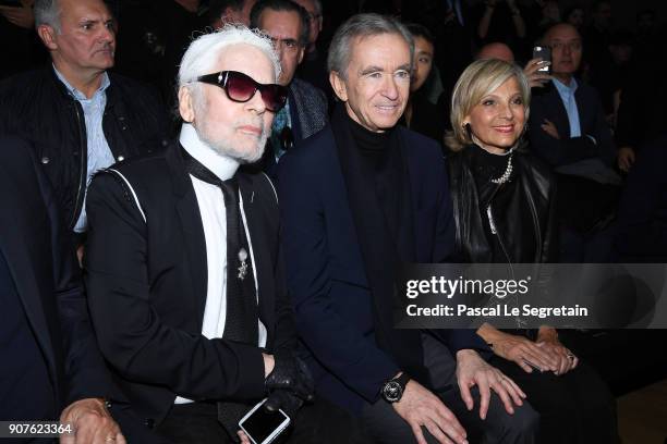 Karl Lagerfeld, Bernard Arnault and wife Helene Mercier-Arnault attend the Dior Homme Menswear Fall/Winter 2018-2019 show as part of Paris Fashion...