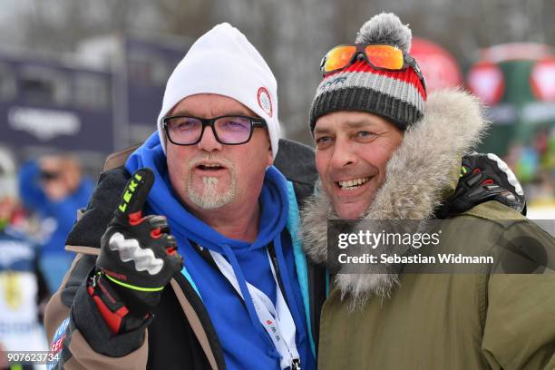 Singer Gerhard Friedle better known as DJ Oetzi and Gregor Bloeb pose for a picture during the KitzCharityTrophy on January 20, 2018 in Kitzbuehel,...