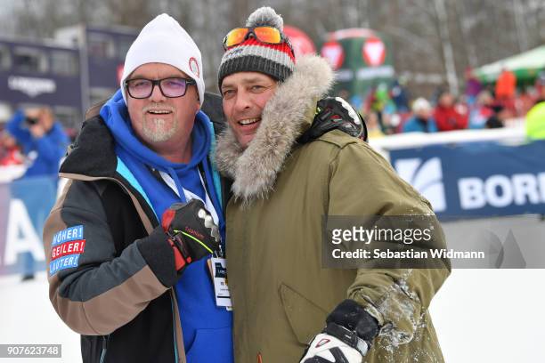 Singer Gerhard Friedle better known as DJ Oetzi and Gregor Bloeb pose for a picture during the KitzCharityTrophy on January 20, 2018 in Kitzbuehel,...