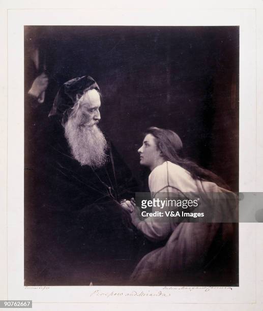 Photograph 'from life' by Julia Margaret Cameron of a scene from Shakespeare's 'The Tempest'. The poet and dramatist Henry Taylor plays Prospero, and...