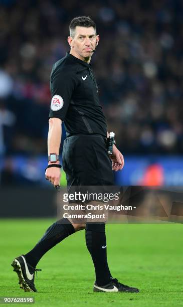 Referee Lee Probert during the Premier League match between Leicester City and Watford at The King Power Stadium on January 20, 2018 in Leicester,...
