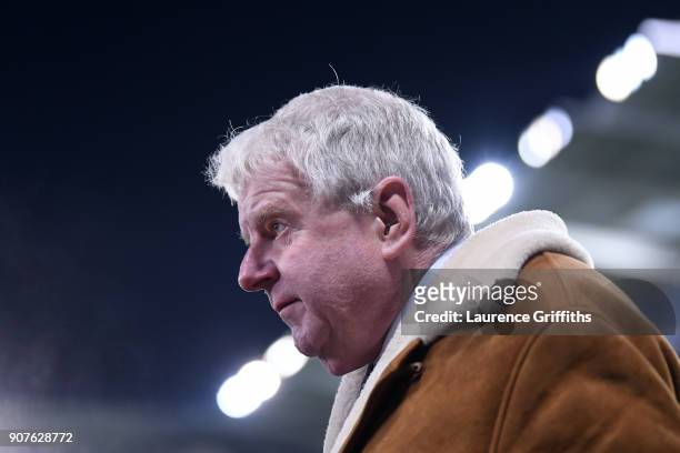John Motson is seen during the Premier League match between Leicester City and Watford at The King Power Stadium on January 20, 2018 in Leicester,...
