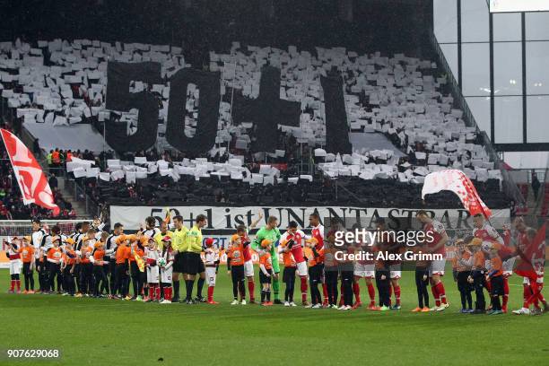 Fans of Stuttgart demonstrate for the 50+1 rule prior to the Bundesliga match between 1. FSV Mainz 05 and VfB Stuttgart at Opel Arena on January 20,...