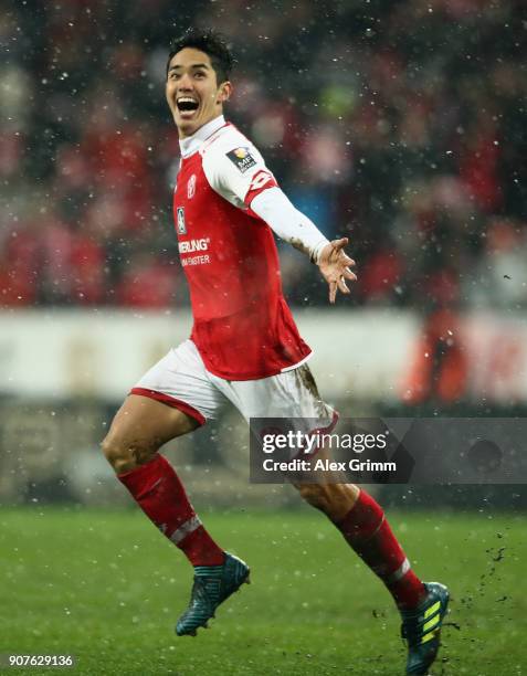 Yoshinori Muto of Mainz celebrates his team's second goal during the Bundesliga match between 1. FSV Mainz 05 and VfB Stuttgart at Opel Arena on...