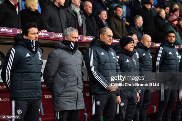 Rui Faria, Assistant Manager of Manchester United , Jose Mourinho, Manager of Manchester United and the Manchester United staff looks on from the...