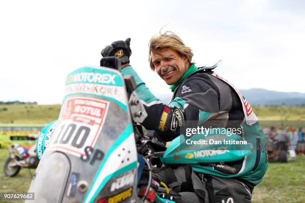 Lyndon Poskitt of Great Britain and Races to Places celebrates at the end of stage fourteen of the 2018 Dakar Rally, a loop stage to and from Cordoba...