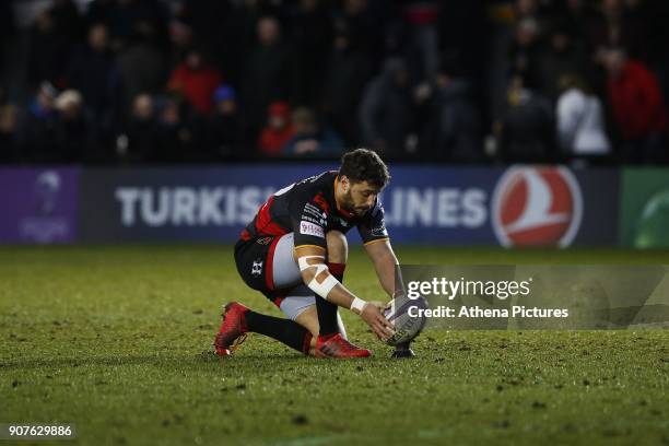 Dorian Jones of Dragon lines a conversion up during the European Challenge Cup match between Dragons and Bordeaux Begles at Rodney Parade on January...