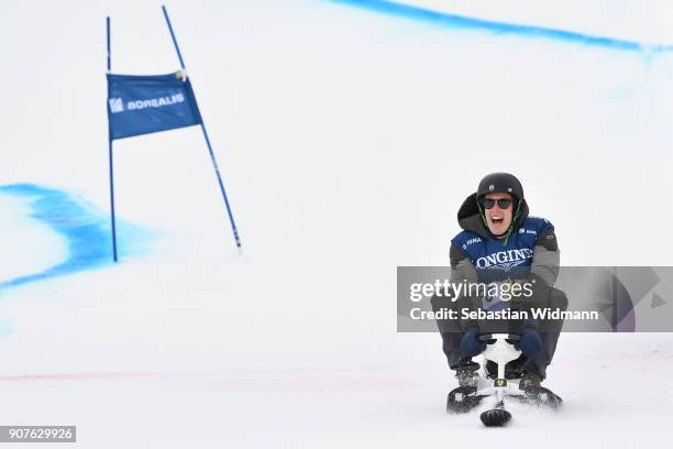 Brendon Hartley rides a sled during the KitzCharityTrophy on January 20, 2018 in Kitzbuehel, Austria.