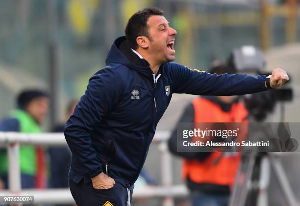 Roberto D'Aversa head coach of Parma Calcio issues instructions to his players during the serie B match between US Cremonese and Parma FC at Stadio...