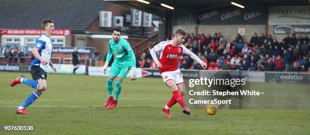 Fleetwood Town's Conor McAleny rounds Blackburn Rovers' goalkeeper David Raya and scores his side's equalising goal to make the score 1-1 during the...