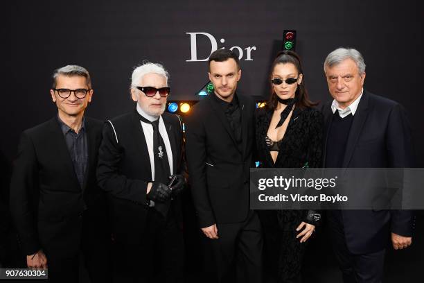 Guest, Karl Lagerfeld, Kris Van Assche, Bella Hadid and Sidney Toledano pose backstage after Dior Homme Menswear Fall/Winter 2018-2019 show as part...