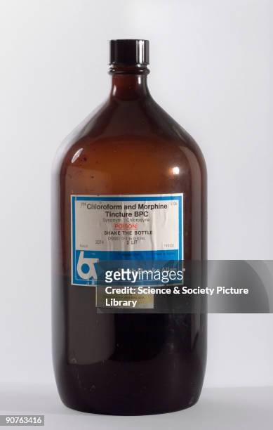 Brown glass bottle of chloroform and morphine by Bush Baoke Allen.