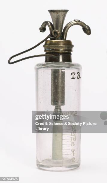 Medical bottle made of glass with metal plated and china stopper. The first successful operation on a patient rendered unconscious by anaesthetic was...
