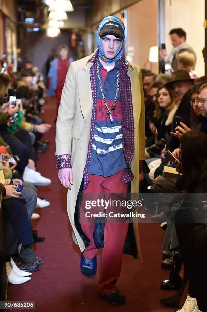 Model walks the runway at the Vetements Autumn Winter 2018 fashion show during Paris Menswear Fashion Week on January 19, 2018 in Paris, France.