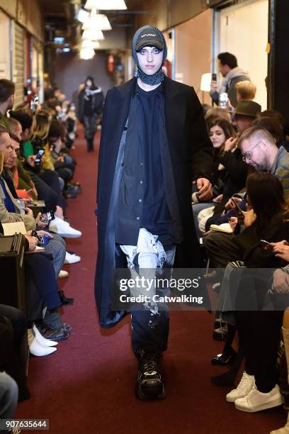 Model walks the runway at the Vetements Autumn Winter 2018 fashion show during Paris Menswear Fashion Week on January 19, 2018 in Paris, France.