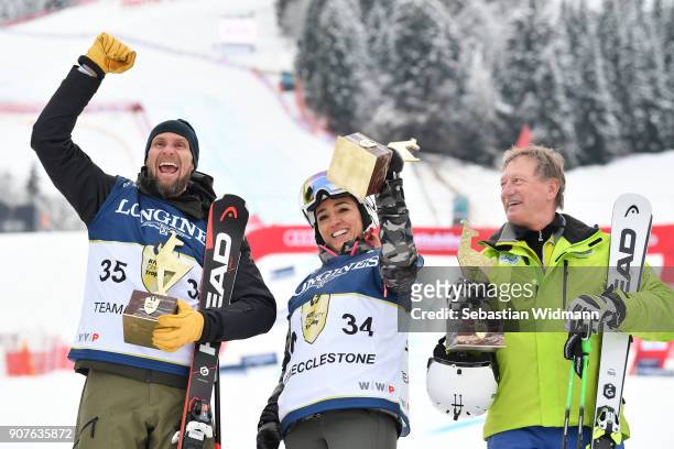 Marco Buechel , Fabiana Ecclestone and Franz Klammer pose for a picture during the victory ceremony of the KitzCharityTrophy on January 20, 2018 in...