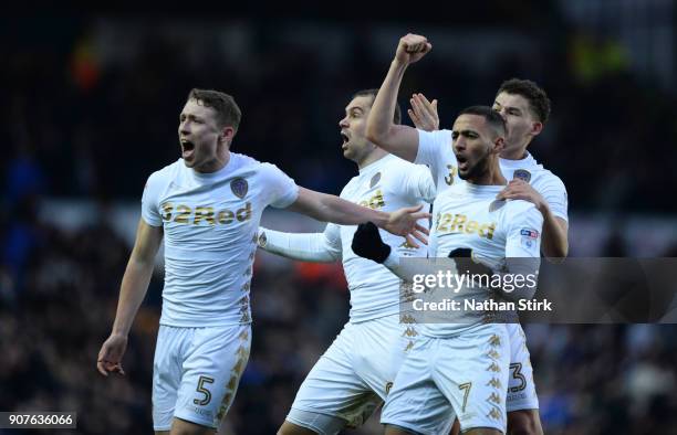 Kemar Roofe of Leeds United celebrates with his team mates after he scores during the Sky Bet Championship match between Leeds United and Millwall at...