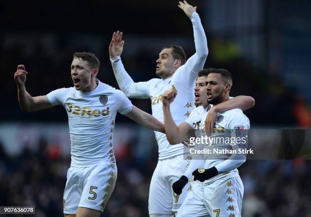 Kemar Roofe of Leeds United celebrates with his team mates after he scores during the Sky Bet Championship match between Leeds United and Millwall at...