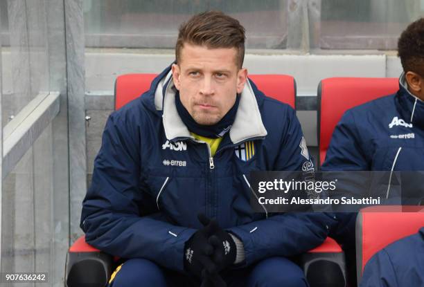 Marcello Gazzola of Parma Calcio looks on before the serie B match between US Cremonese and Parma FC at Stadio Giovanni Zini on January 20, 2018 in...