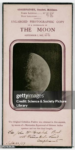 Framed, enlarged photograph of the Moon taken by Warren De La Rue on 7 September 1857. The caption reads 'The Original Collodion Positive was...