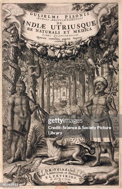 Engraved title page showing a Native American and an Indian surrounded by animals including a rhinoceros, sloth, an ocelot and one of the earliest...