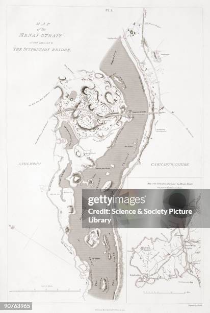 Map showing the suspension bridge over the Menai Strait between Carnarvon on the right and the Isle of Anglesey . The bridge connecting the Welsh...