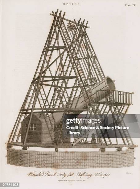 Engraving by J Pass of William Herschel�s 40-foot telescope in Slough, Berkshire, assembled in 1787 and dismantled in 1839. The massive reflecting...