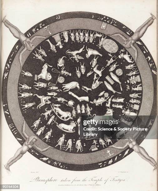 Engraving by J Chapman after Denon. Map showing astrological symbols, from the ancient Greek city of Tentyra, near the town of Dendara or Dendera in...
