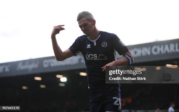 Steve Morison of Millwall celebrates during the Sky Bet Championship match between Leeds United and Millwall at Elland Road on January 20, 2018 in...