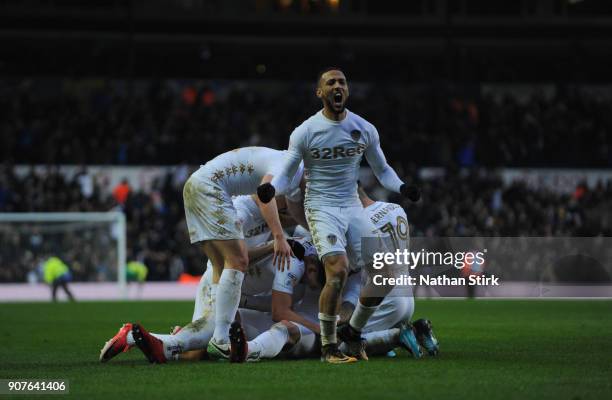 Kemar Roofe celebrates after Pierre-Michel Lasogga of Leeds United scores during the Sky Bet Championship match between Leeds United and Millwall at...