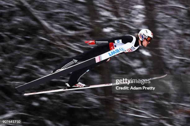 Daniel Andre Tande of Norway soars through the air during his practice jump before the FIS Ski Flying World Championships final on January 20, 2018...