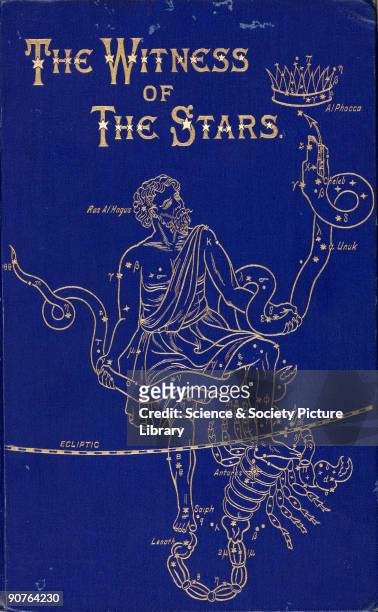 Artwork by Amy Manson based on a drawing by E W Bullinger, showing Opiuchus the Serpent Wrestler, and Scorpius, or Scorpio. Front cover of 'The...
