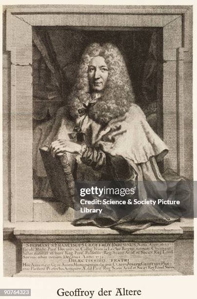 Portrait from an engraving of Geoffroy , physician, pharmacist and chemist, also known as Geoffroy the Elder. He obtained a medical degree at Paris...