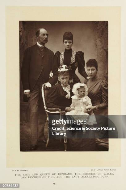 Photographic portrait of four generations of the Danish royal family, taken by W & D Downey. King Christian IX , and, seated, Queen Louise , are...