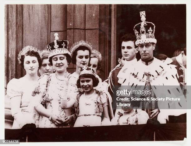 Photograph of the British Royal Family on the balcony of Buckingham Palace, taken by an unknown photographer in May following the Coronation of...