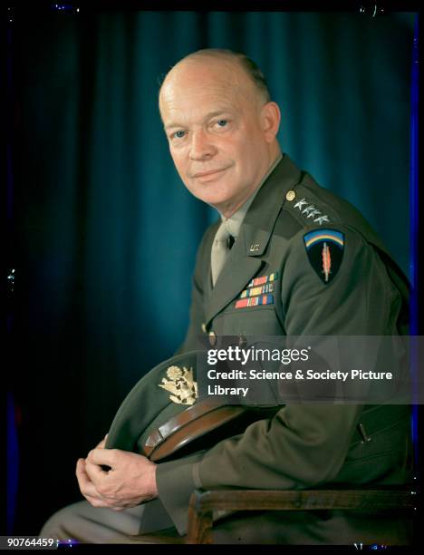 Kodachrome colour transparency of General Dwight D Eisenhower taken by J C A Redhead , during World War Two. Eisenhower had served in the United...
